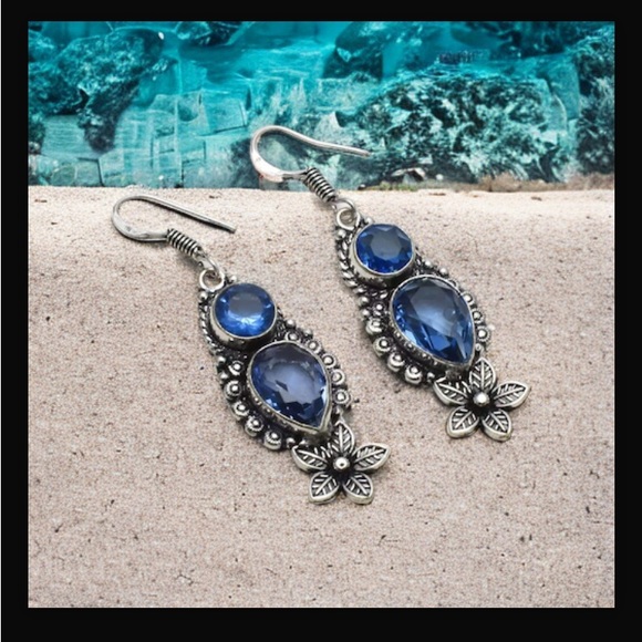 Blue Topaz Handcrafted Long Drop Dangle Earrings 2.08" Made In India New W Tags - Picture 3 of 12